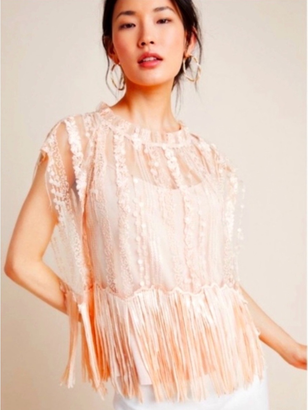Anthropologie Eva Franco Cici Beaded Fringe top in a peach hue, size small.